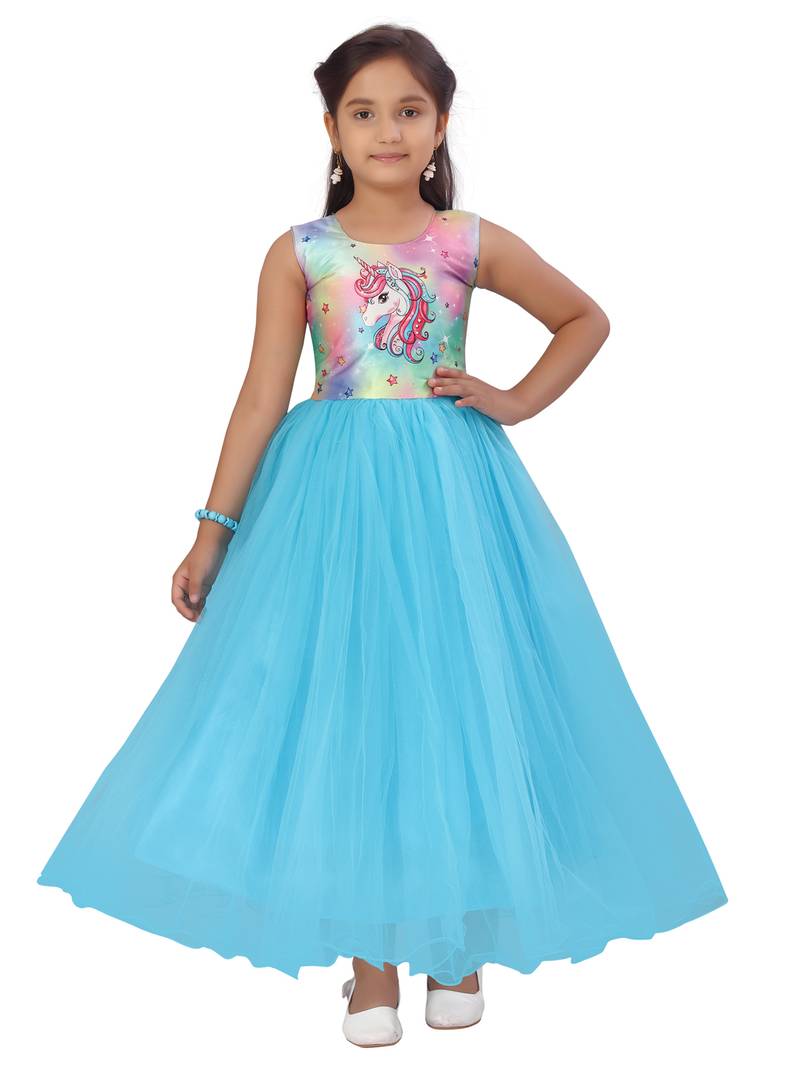 Turquoise printed polyester kids-girl-gowns