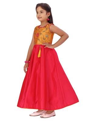 Yellow plain silk kids-girl-gowns 3