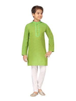 Green embroidered cotton boys-kurta-pyjama 1