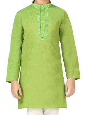 Green embroidered cotton boys-kurta-pyjama 5