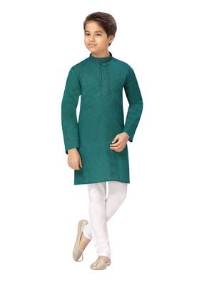 Green embroidered cotton boys-kurta-pyjama 1