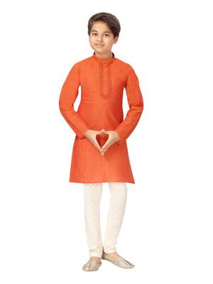 Orange embroidered cotton boys-kurta-pyjama 1