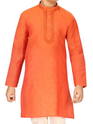 Orange embroidered cotton boys-kurta-pyjama 5