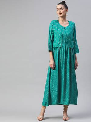 Sea-green printed cotton ethnic-kurtis 1
