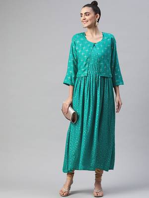Sea-green printed cotton ethnic-kurtis 2