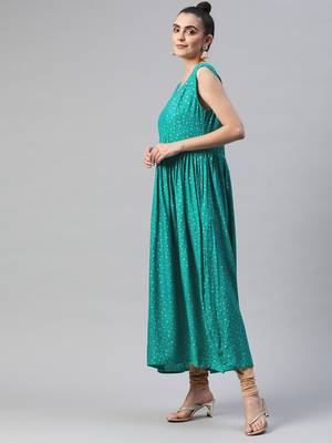 Sea-green printed cotton ethnic-kurtis 3