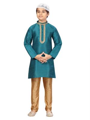 Green embroidered silk boys-kurta-pyjama 1