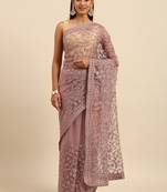 Pink embroidered net saree with blouse