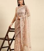 Peach Embroidered Net Saree With Blouse