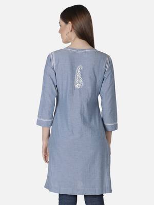 Hand Embroidered Light Blue Cotton Lucknowi Chikankari Short Kurti 2