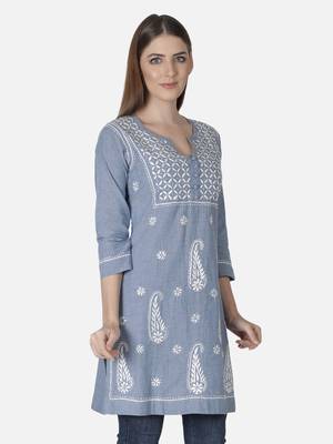 Hand Embroidered Light Blue Cotton Lucknowi Chikankari Short Kurti 3
