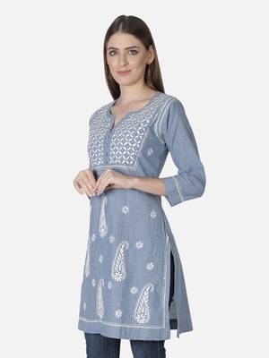 Hand Embroidered Light Blue Cotton Lucknowi Chikankari Short Kurti 4