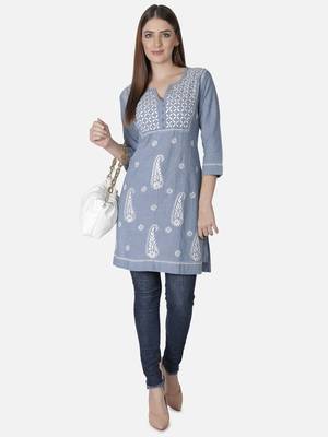Hand Embroidered Light Blue Cotton Lucknowi Chikankari Short Kurti 5