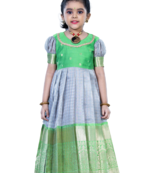 Shivangi Girls Grey Checks Long Frock - Green and Grey