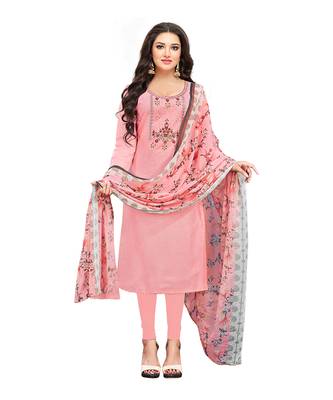 Pisara Peach Poly Cotton Embroidered with Sequins &  printed dupatta Dress Material With Dupatta 1