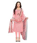 Pisara Peach Poly Cotton Embroidered with Sequins &  printed dupatta Dress Material With Dupatta