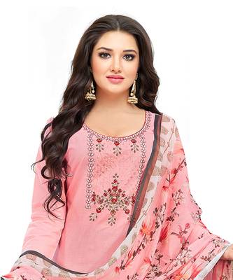 Pisara Peach Poly Cotton Embroidered with Sequins &  printed dupatta Dress Material With Dupatta 4