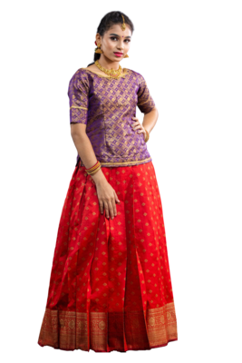 Shivangi Girls Red Banarasi Butta Pattu Pavadai | Lehenga 1