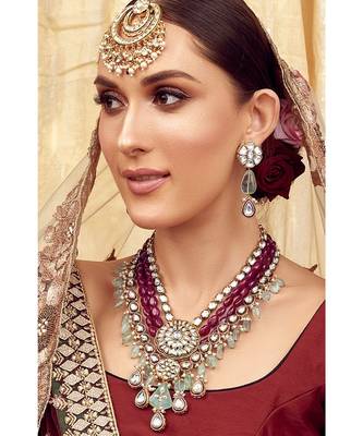 Red Green Gold Tone Kundan Wedding Necklace Set 2