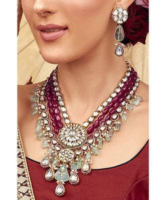 Red Green Gold Tone Kundan Wedding Necklace Set 4