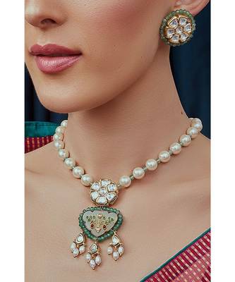 Green White Gold Tone Kundan Necklace Set 3