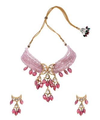 Pink Gold Tone Beaded Kundan Necklace Set 1