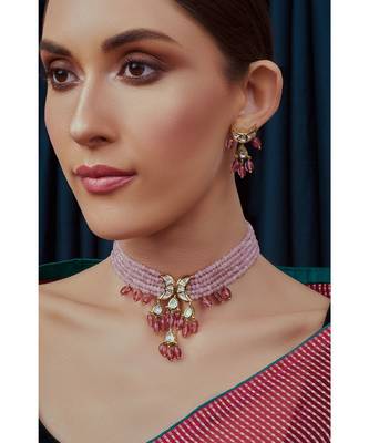 Pink Gold Tone Beaded Kundan Necklace Set 2