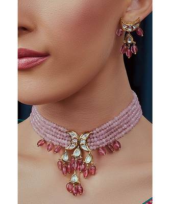 Pink Gold Tone Beaded Kundan Necklace Set 3