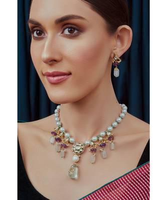 Pink White Gold Tone Meenkari Necklace Set 2
