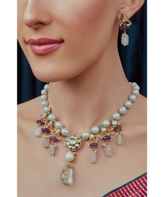Pink White Gold Tone Meenkari Necklace Set 3