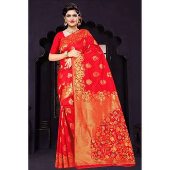 Red woven silk blend saree with blouse 1