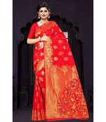 Red woven silk blend saree with blouse