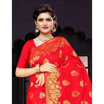 Red woven silk blend saree with blouse 2