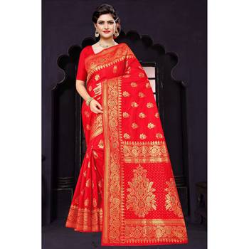 Red woven silk blend saree with blouse 1