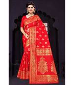 Red woven silk blend saree with blouse