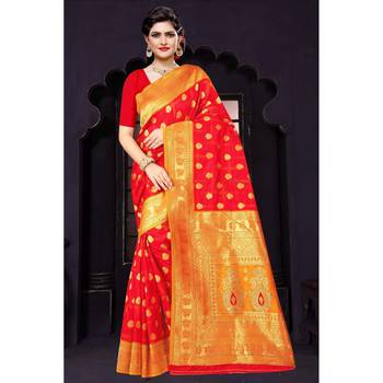 Red woven silk blend saree with blouse 1