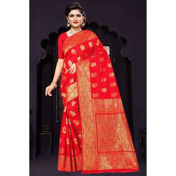 Red woven silk blend saree with blouse 1