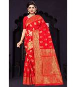 Red woven silk blend saree with blouse
