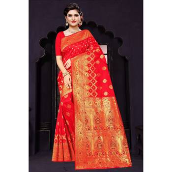 Red woven silk blend saree with blouse 1