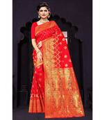 Red woven silk blend saree with blouse