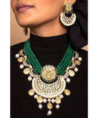 Exquisite Green And White Necklace Set For Festivals 2