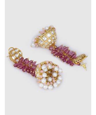 Ethnic Pink Jade Gold and Off White Latkan Jhumaka 3