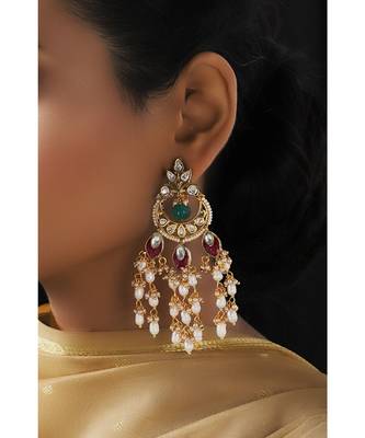 Ethnic Red Green and White Chandbali Danglers 1
