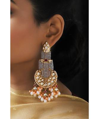 Traditional Grey and Red Dangler Chandbali 4