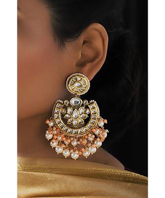 Floral White and Peach Modern Chandbali 1