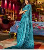 Aqua Blue Printed Satin Saree With Blouse