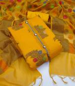 Mustard Banarasi silk blend Salwar Kameez Set With Multicolor Threadwork 