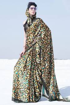 Brown Printed Satin Saree With Blouse