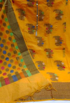 Mustard Banarasi silk blend Salwar Kameez Set With Multicolor Threadwork  2