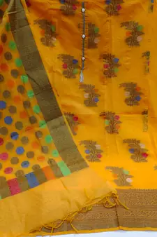 Mustard Banarasi silk blend Salwar Kameez Set With Multicolor Threadwork 